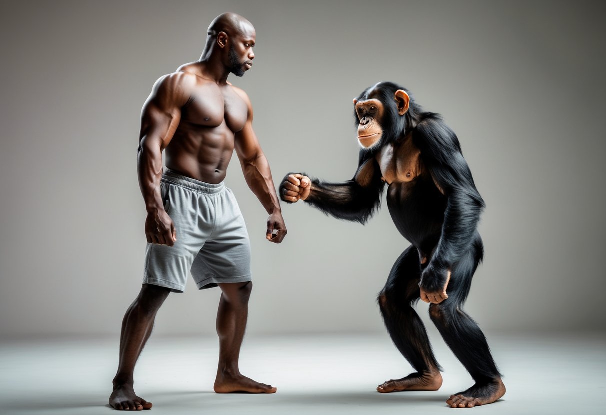A man and a chimpanzee facing each other in a neutral setting, both appearing calm and alert.