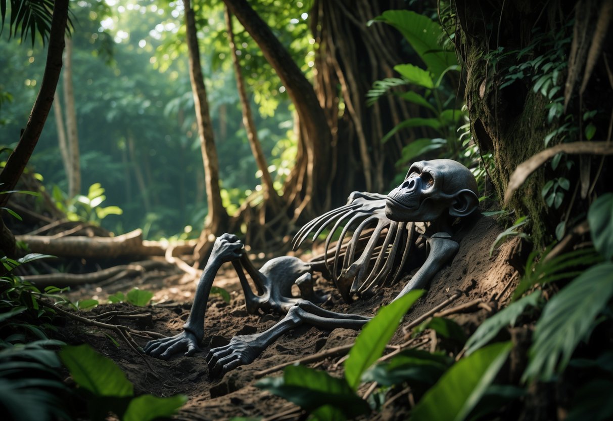 A chimpanzee skeleton partially buried in a dense jungle with green foliage and ancient trees around it.
