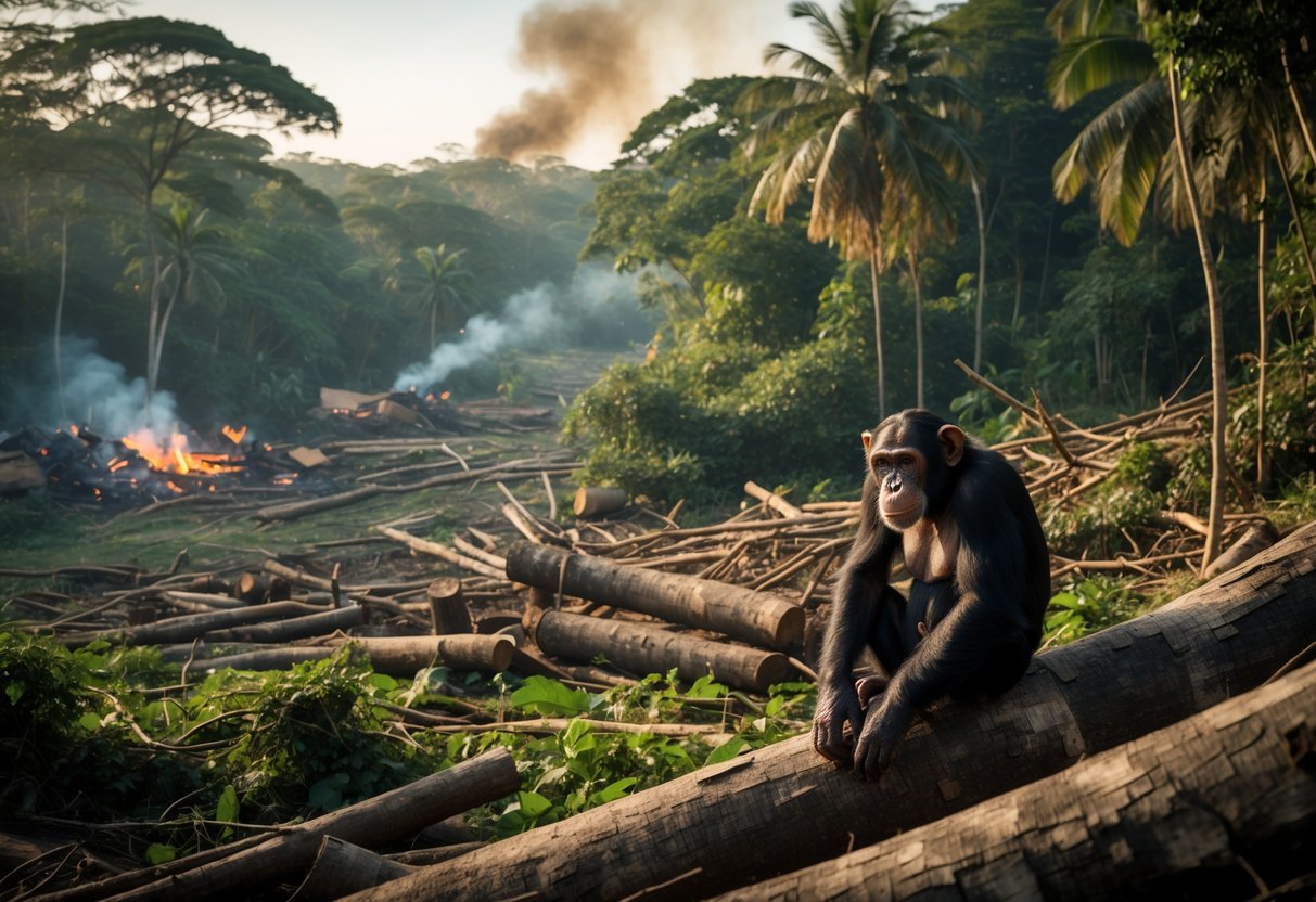 A lone chimpanzee sitting on a fallen tree in a damaged rainforest with tree stumps and smoke in the background.