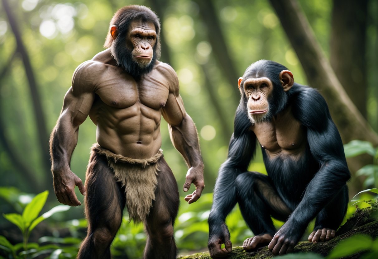 A Neanderthal standing confidently in a forest facing a chimpanzee sitting nearby on the ground.