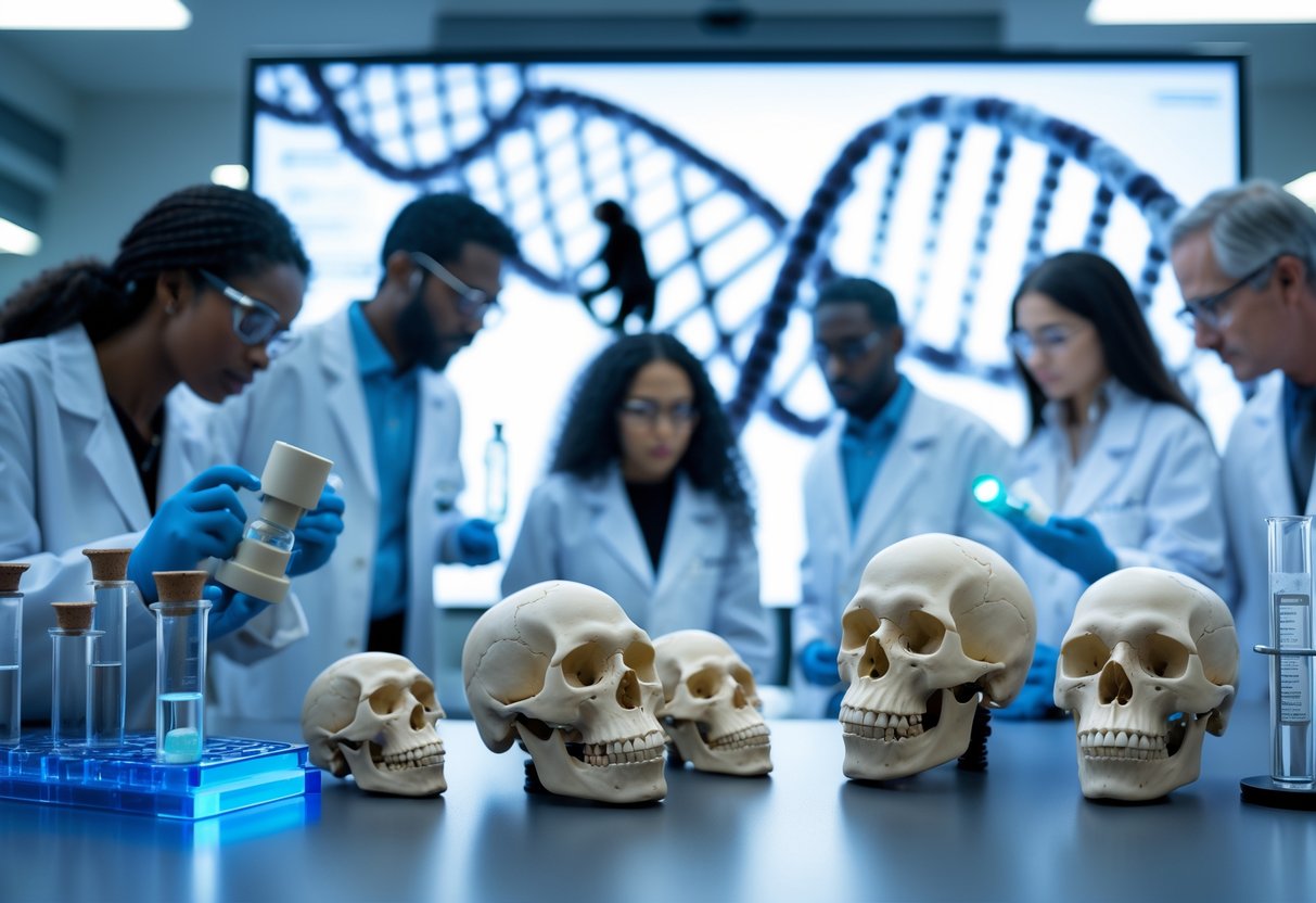 Scientists in a laboratory examining DNA models and skull replicas with a digital screen showing DNA strands and silhouettes of a chimpanzee and a human.