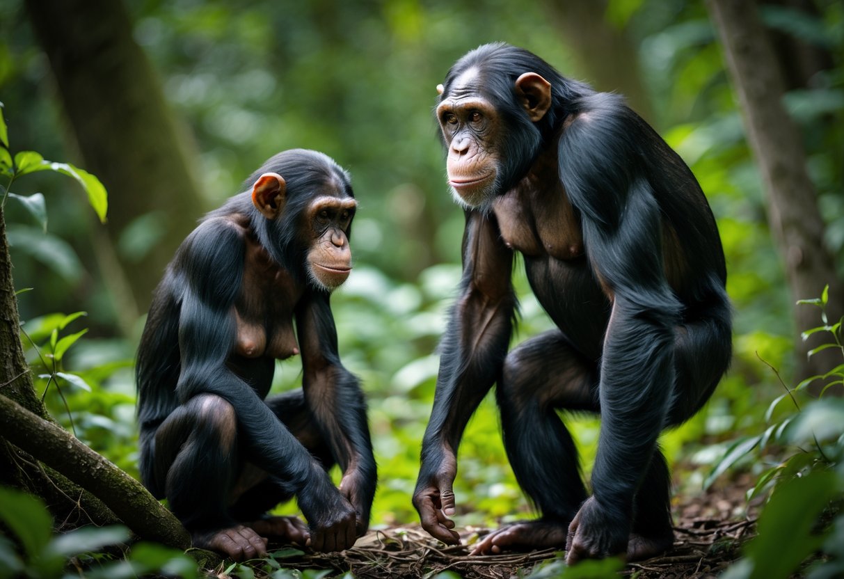 A male chimpanzee standing over a female chimpanzee in a forest, showing a tense interaction with the female appearing submissive.