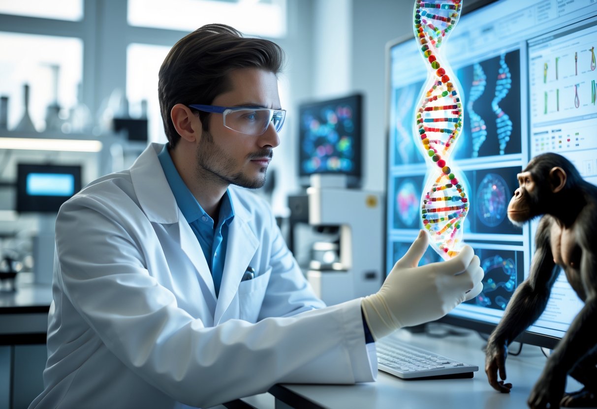 A scientist in a lab coat studies a holographic projection of intertwined human and chimpanzee DNA strands in a laboratory.