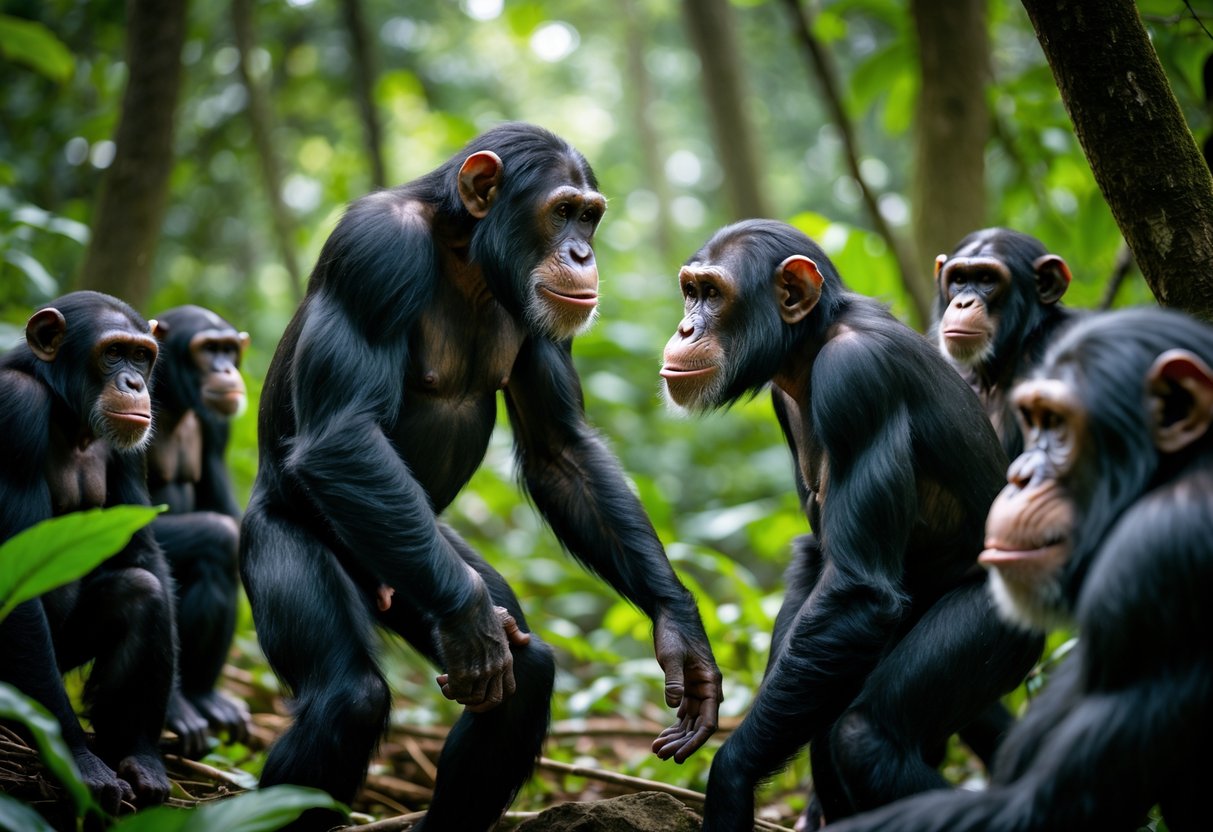 A dominant male chimpanzee confronts a female chimpanzee while other chimpanzees watch in a forest setting.