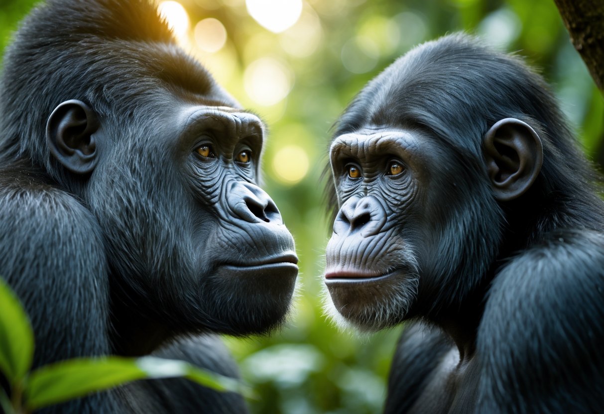 A close-up of a gorilla and a chimpanzee facing each other in a green jungle setting.