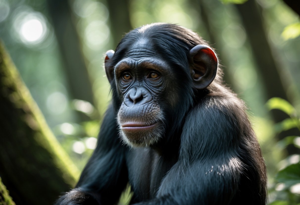 Close-up of a chimpanzee with moist eyes sitting quietly in a forest.
