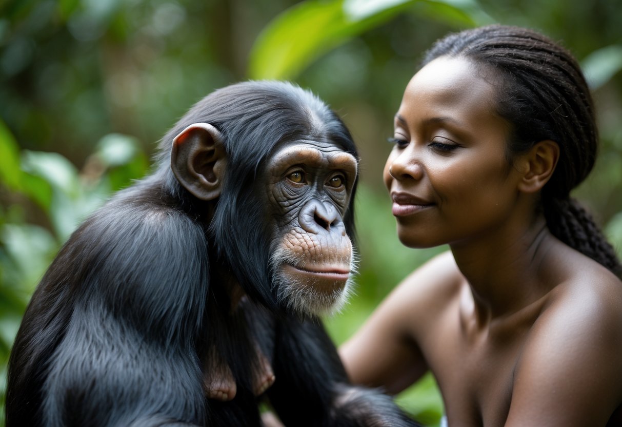 A chimpanzee and a human sitting calmly together in a green forest setting.