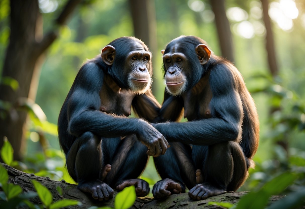 Two chimpanzees sitting closely together in a forest, looking at each other affectionately.