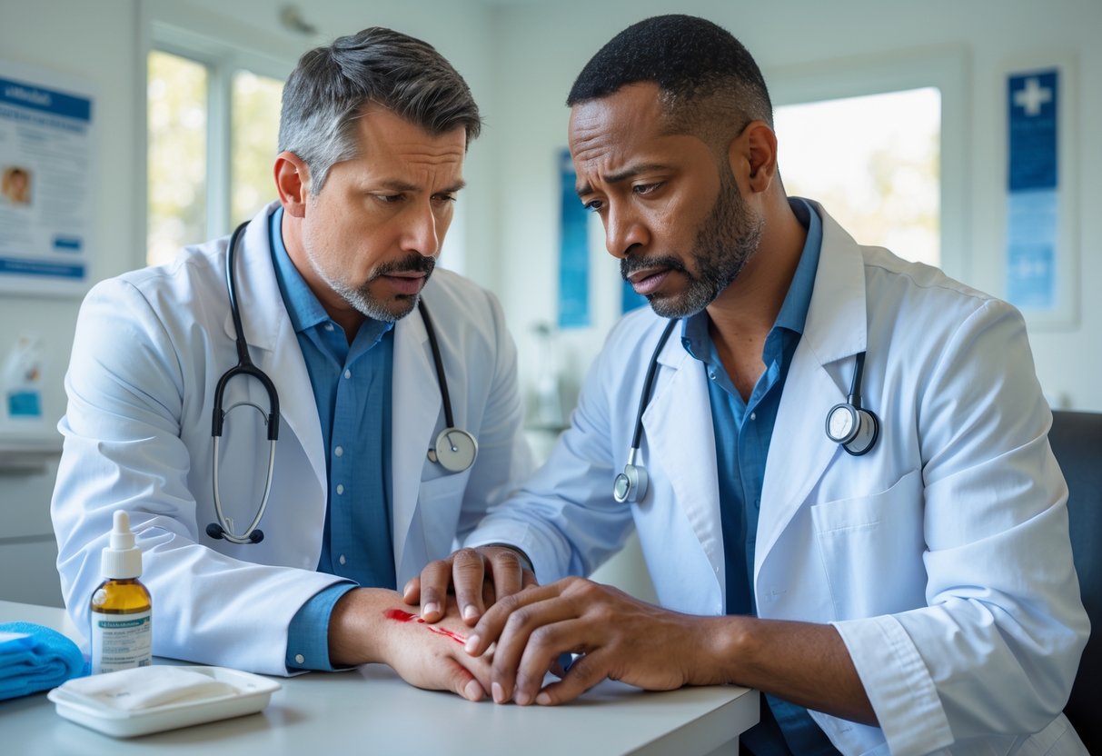 A doctor examining a man's hand with a small bite mark in a medical clinic.
