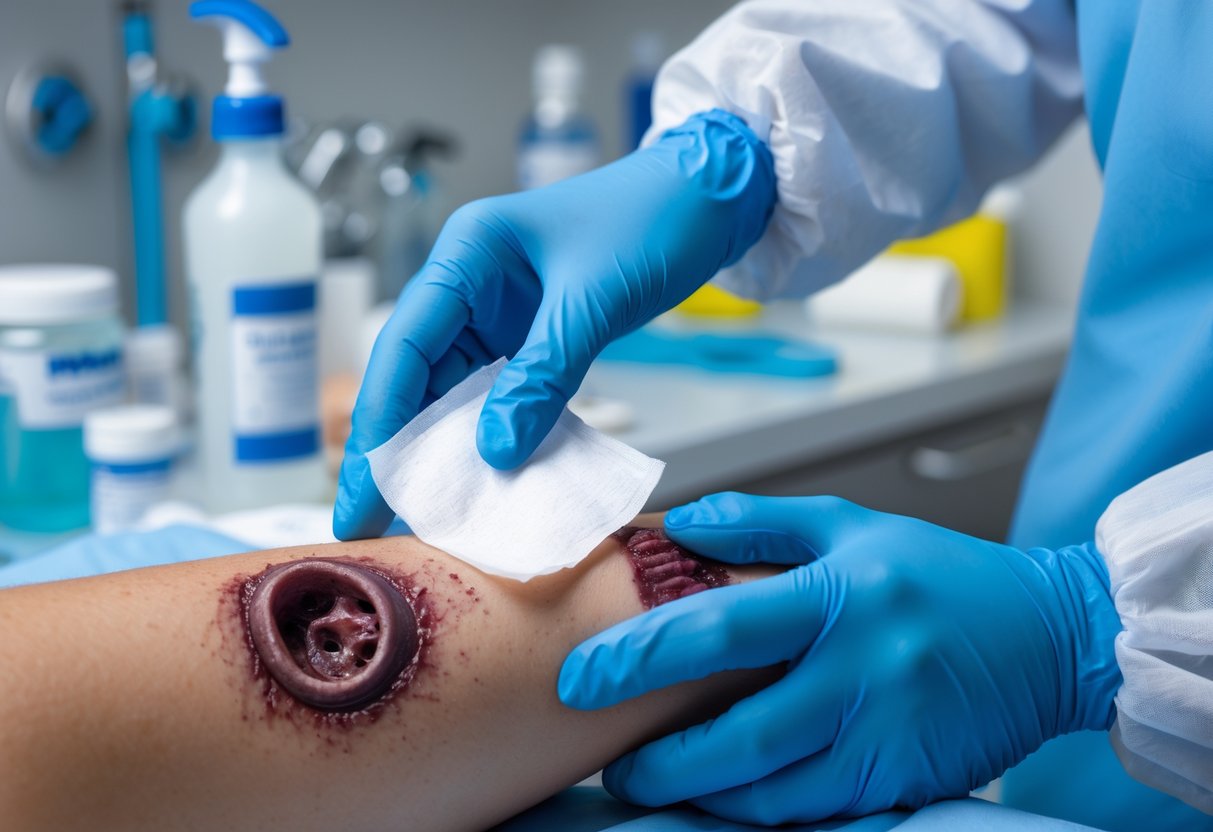 A healthcare professional cleaning a fresh bite wound on a person's forearm in a clinical setting.