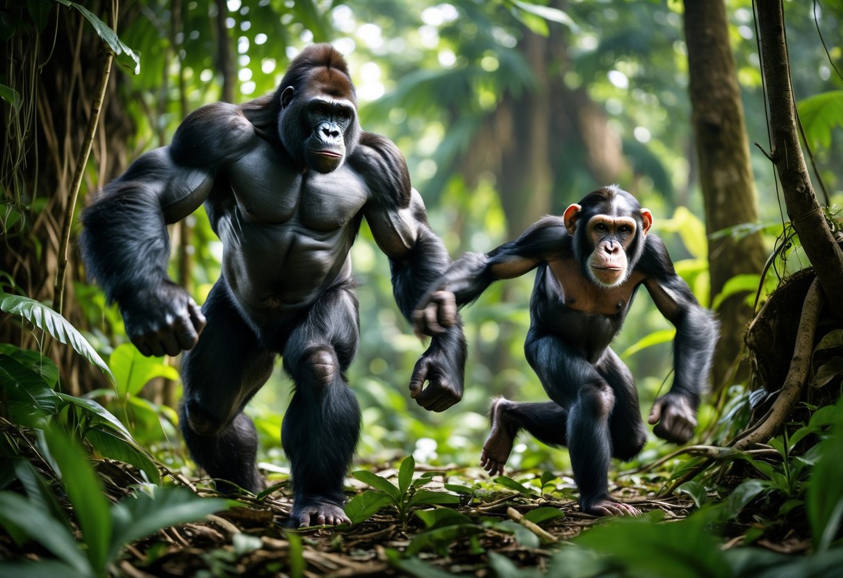 A silverback gorilla and a chimpanzee running side by side through a dense forest.