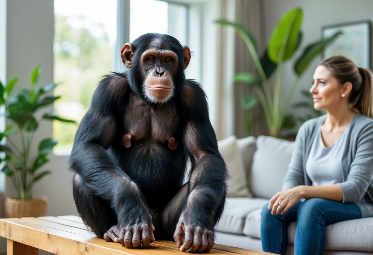 A chimpanzee sitting on a wooden bench in a living room with a person nearby watching it carefully.