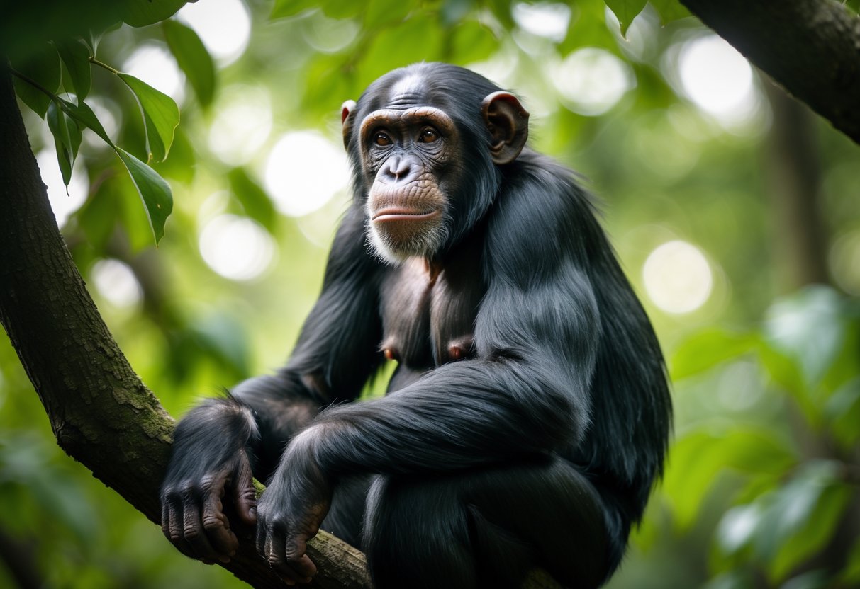 A chimpanzee sitting on a tree branch in a forest, looking thoughtfully upward.