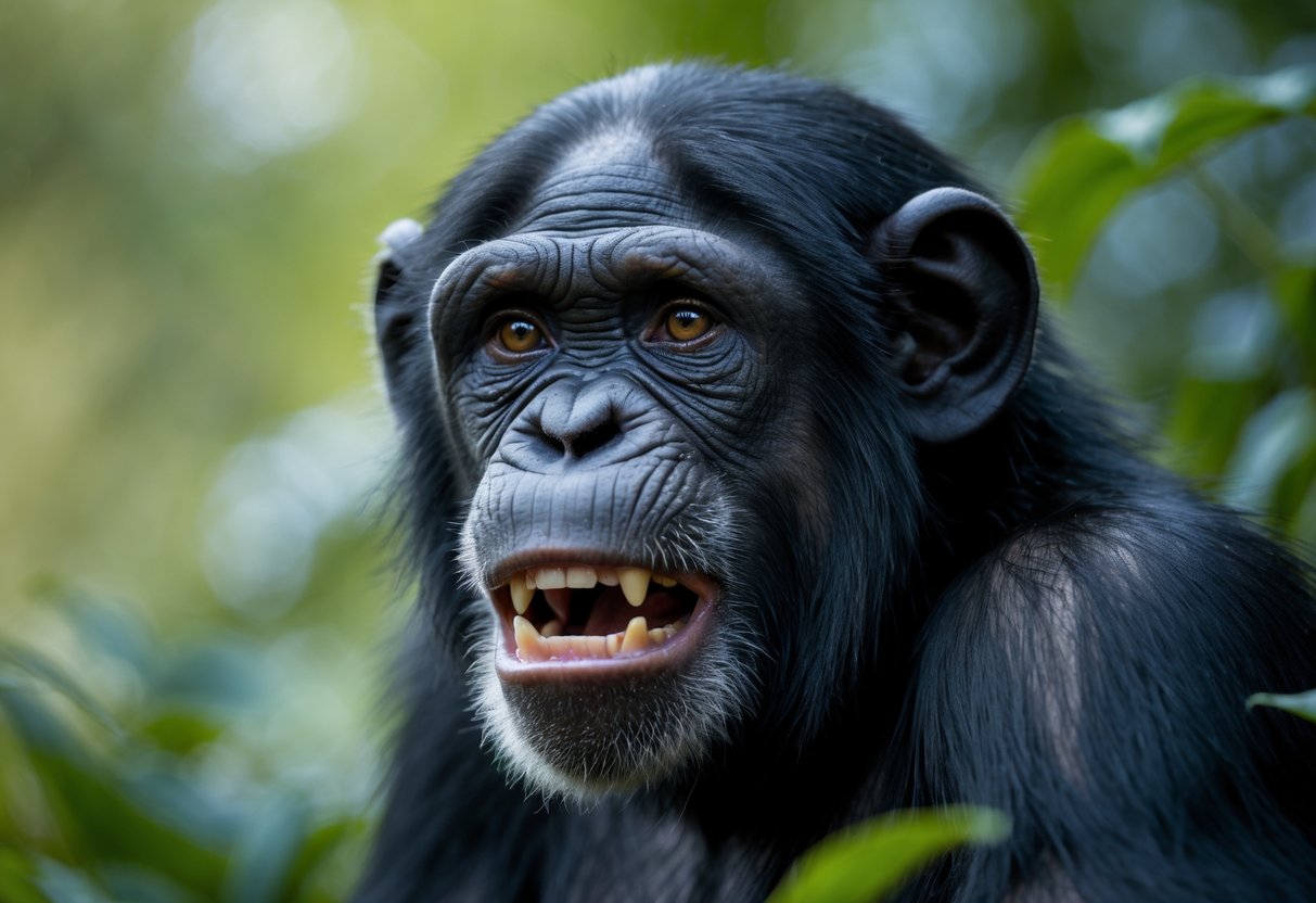 Close-up of a chimpanzee showing an irritated expression in a green outdoor environment.