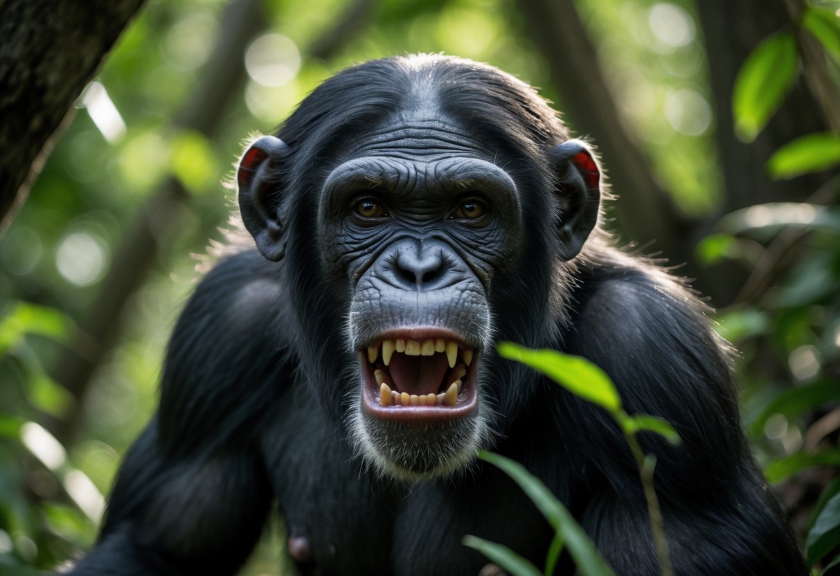 Close-up of an aggressive chimpanzee showing its teeth in a forest setting.