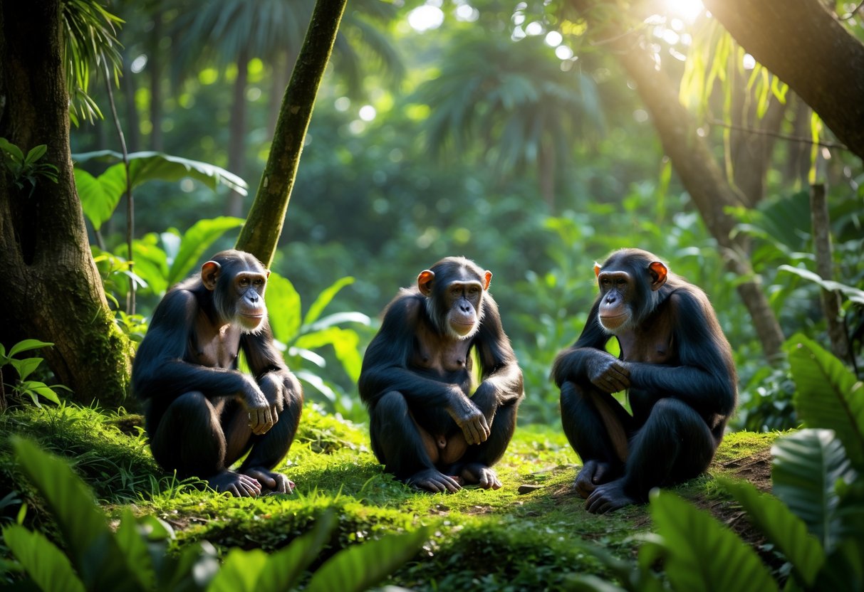 Three chimpanzees sitting and interacting in a dense green forest with sunlight filtering through the trees.