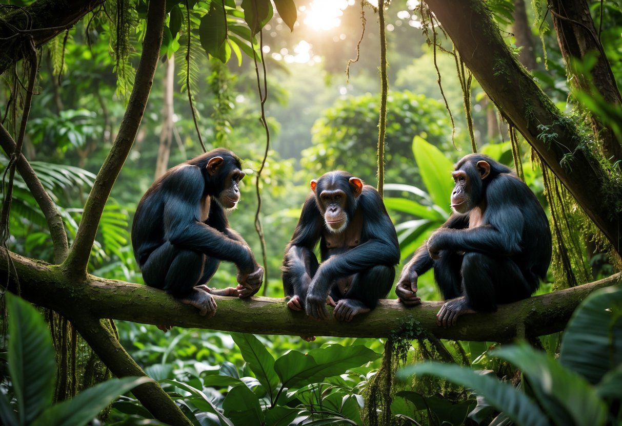 A group of chimpanzees interacting in a dense green rainforest with sunlight filtering through the trees.