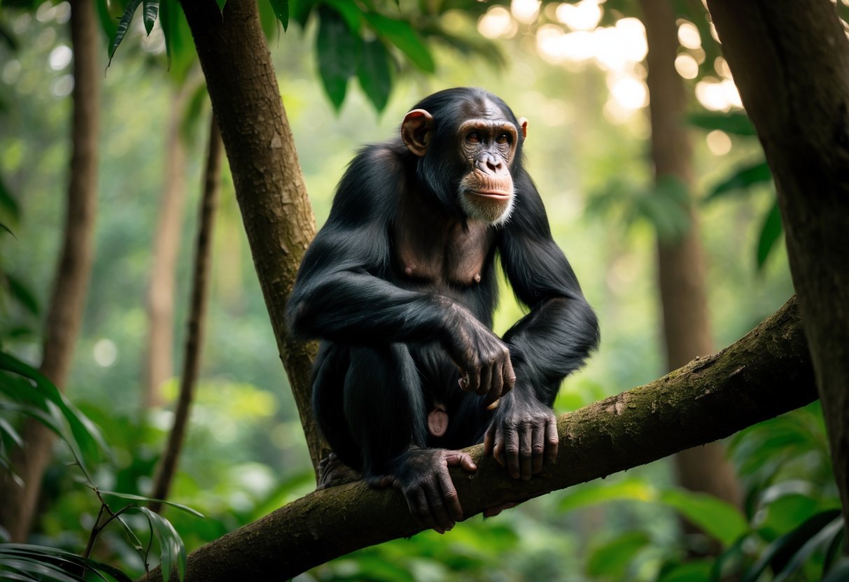 A wild chimpanzee sitting on a tree branch in a dense green forest, surrounded by tall trees and foliage.