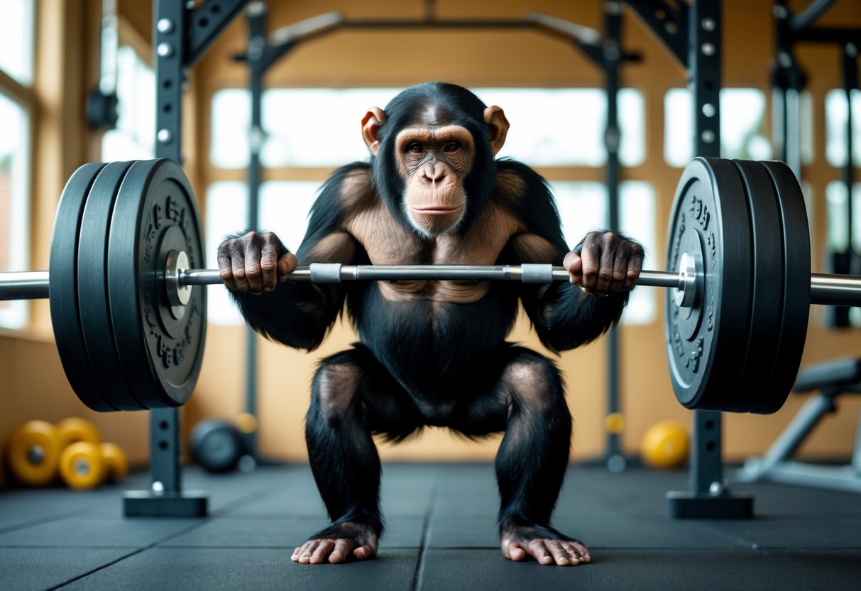 A chimpanzee lifting a barbell in a gym, showing strength and focus.