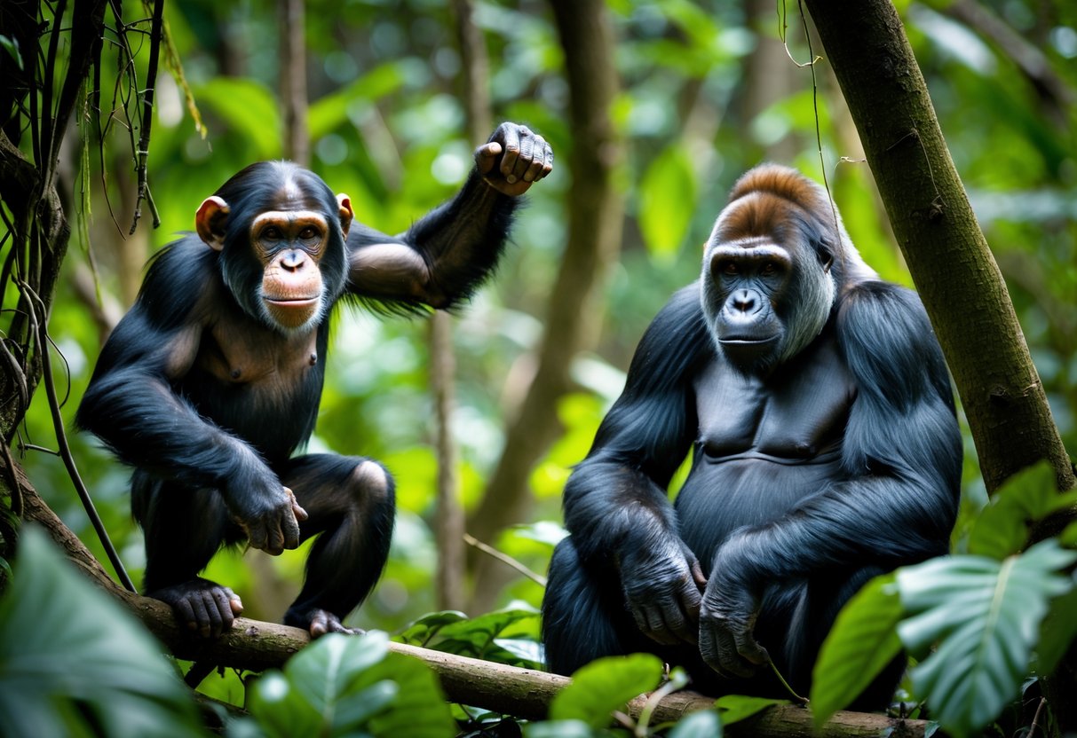A chimpanzee and a gorilla in a dense jungle setting, with the chimpanzee showing an active posture and the gorilla sitting calmly nearby.