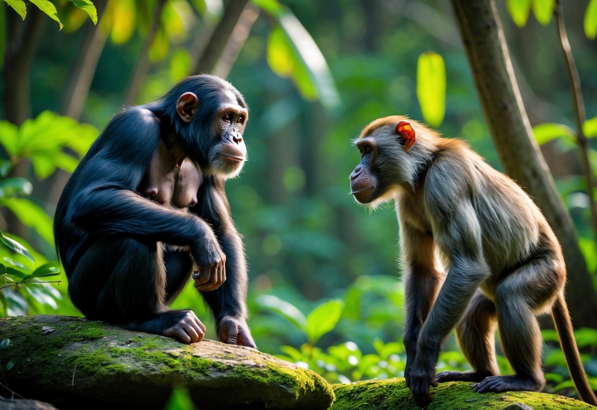 A chimpanzee and a baboon facing each other in a forest clearing surrounded by green trees and plants.