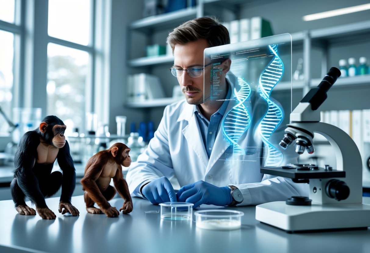 A scientist in a lab coat studies genetic data on a digital screen with models of a chimpanzee and a human on a table in a laboratory.