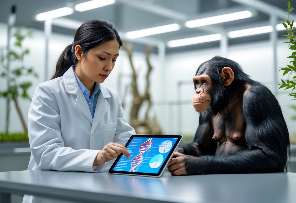 A female scientist in a lab coat examines DNA models while a calm chimpanzee sits in a naturalistic research enclosure behind her.