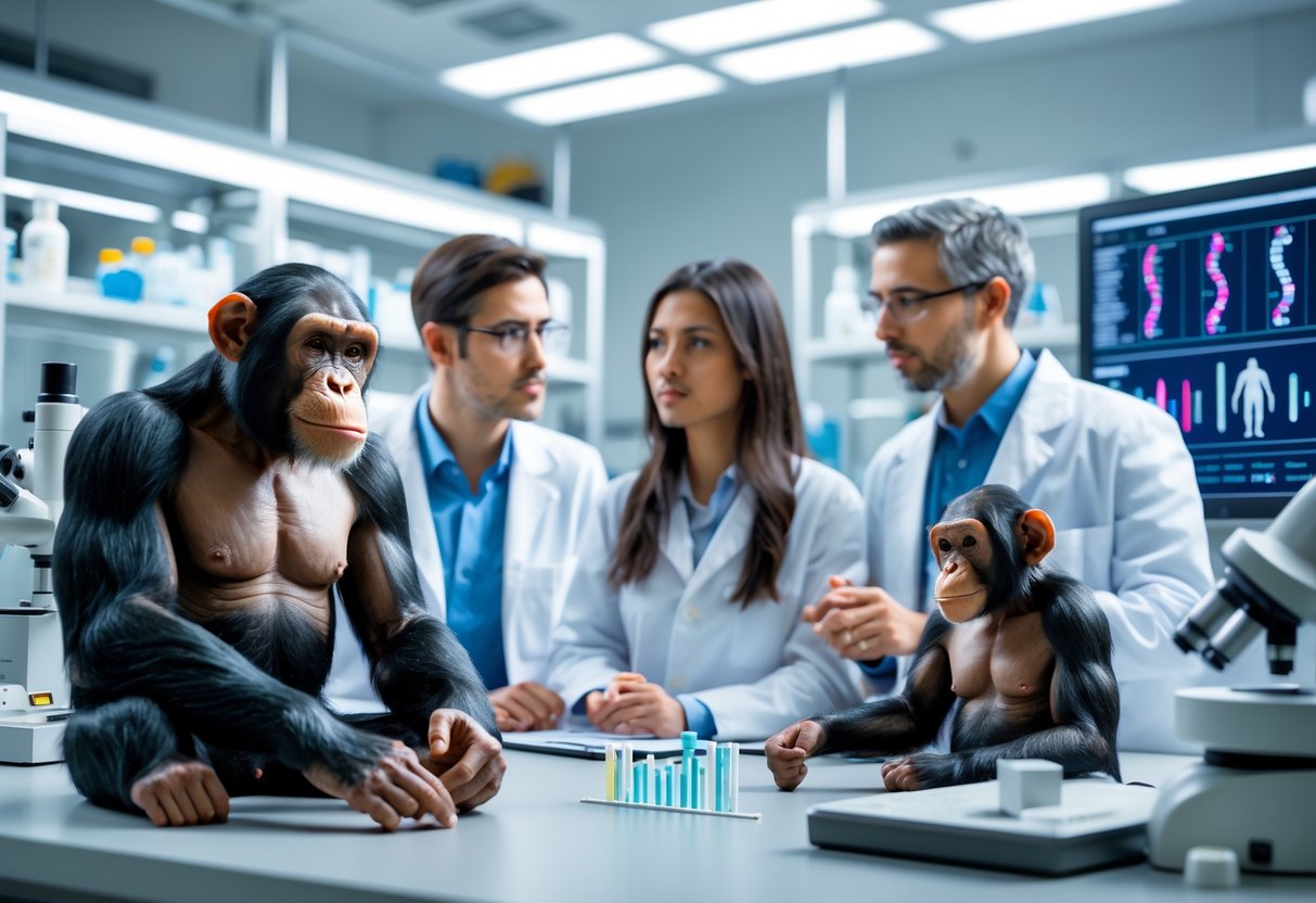 Scientists in a laboratory discussing genetic research with a chimpanzee and humans shown side by side.