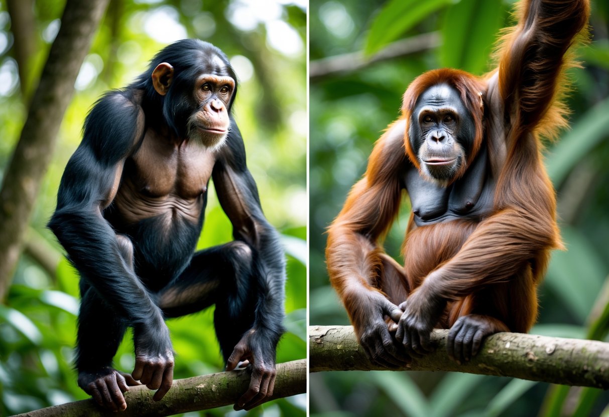 A chimpanzee and an orangutan together in a jungle setting, showing their physical features and size differences.