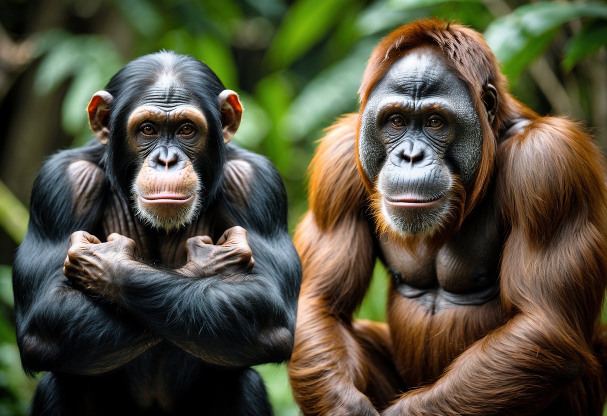 A chimpanzee and an orangutan side by side in a jungle setting, both showing their muscular arms and size for a strength comparison.