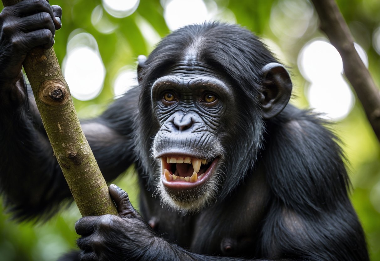 A close-up of a chimpanzee gripping a tree branch with a focused and intense expression in a green forest.