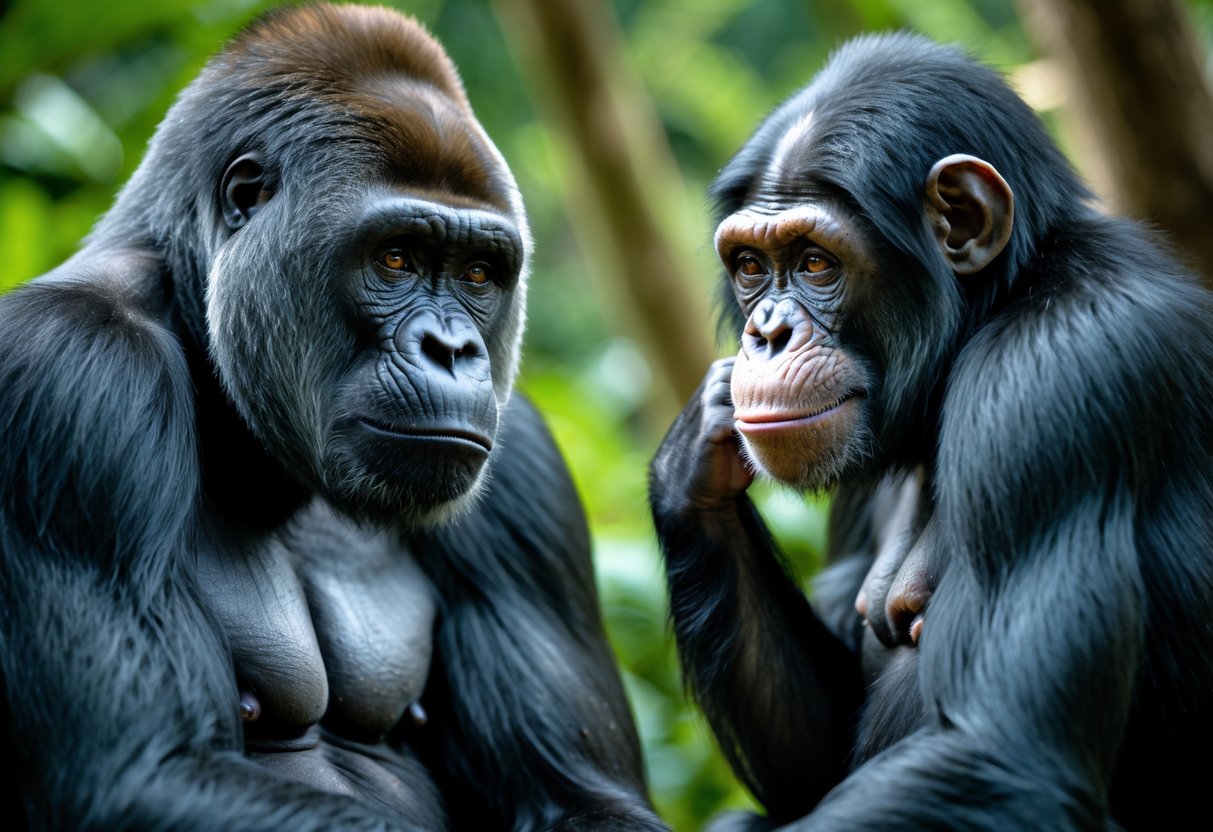 A gorilla and a chimpanzee sitting side by side in a green forest, both looking thoughtful.