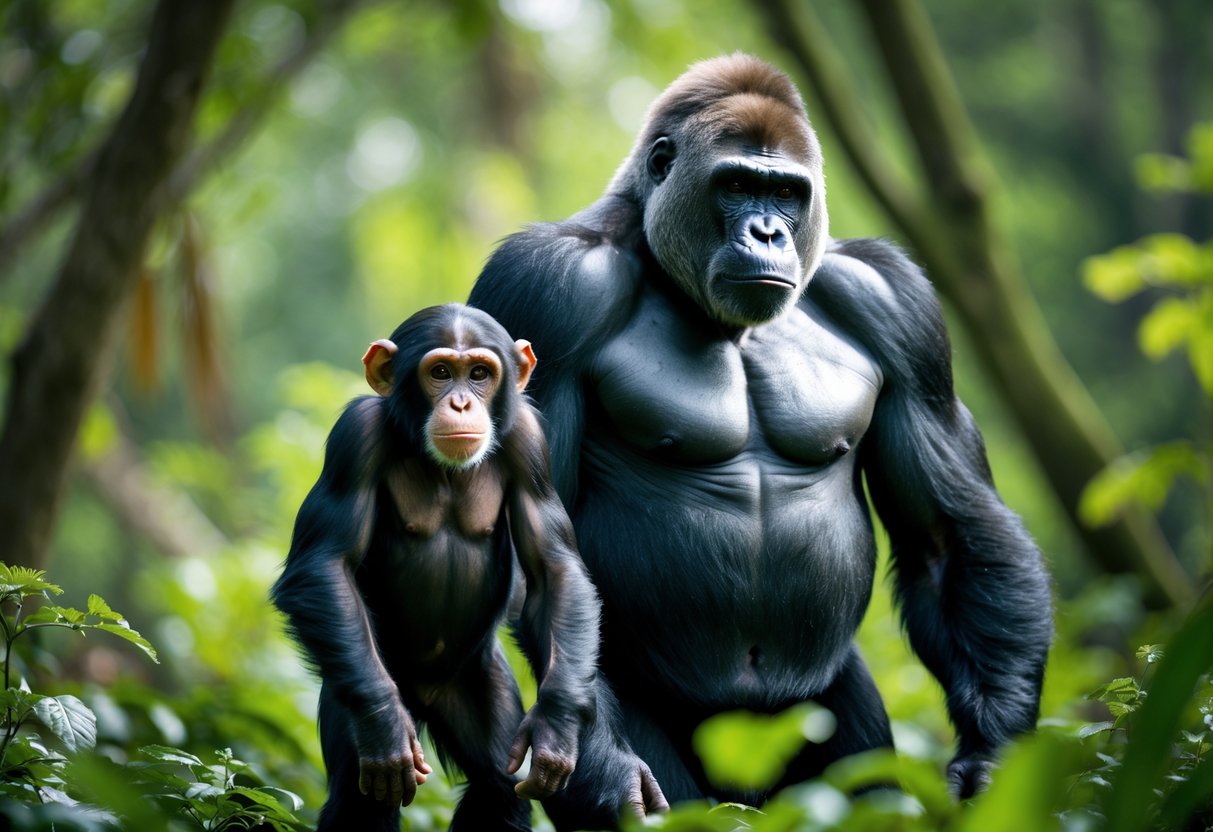 A chimpanzee and a gorilla standing side by side in a forest, showing their size and strength differences.