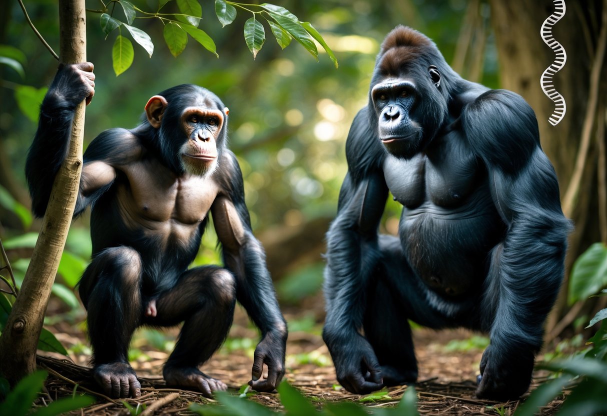 A chimpanzee and a gorilla standing side by side in a dense jungle, showing their muscular bodies and natural environment.