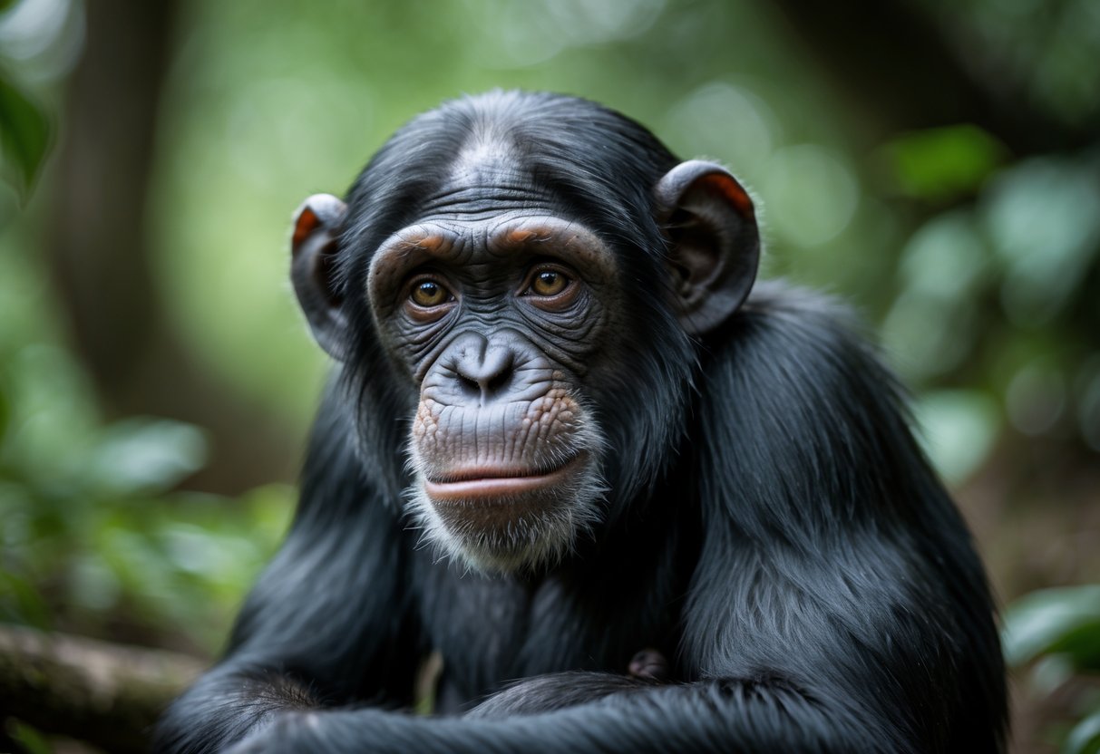Close-up of a chimpanzee with a sad expression sitting in a forest setting.