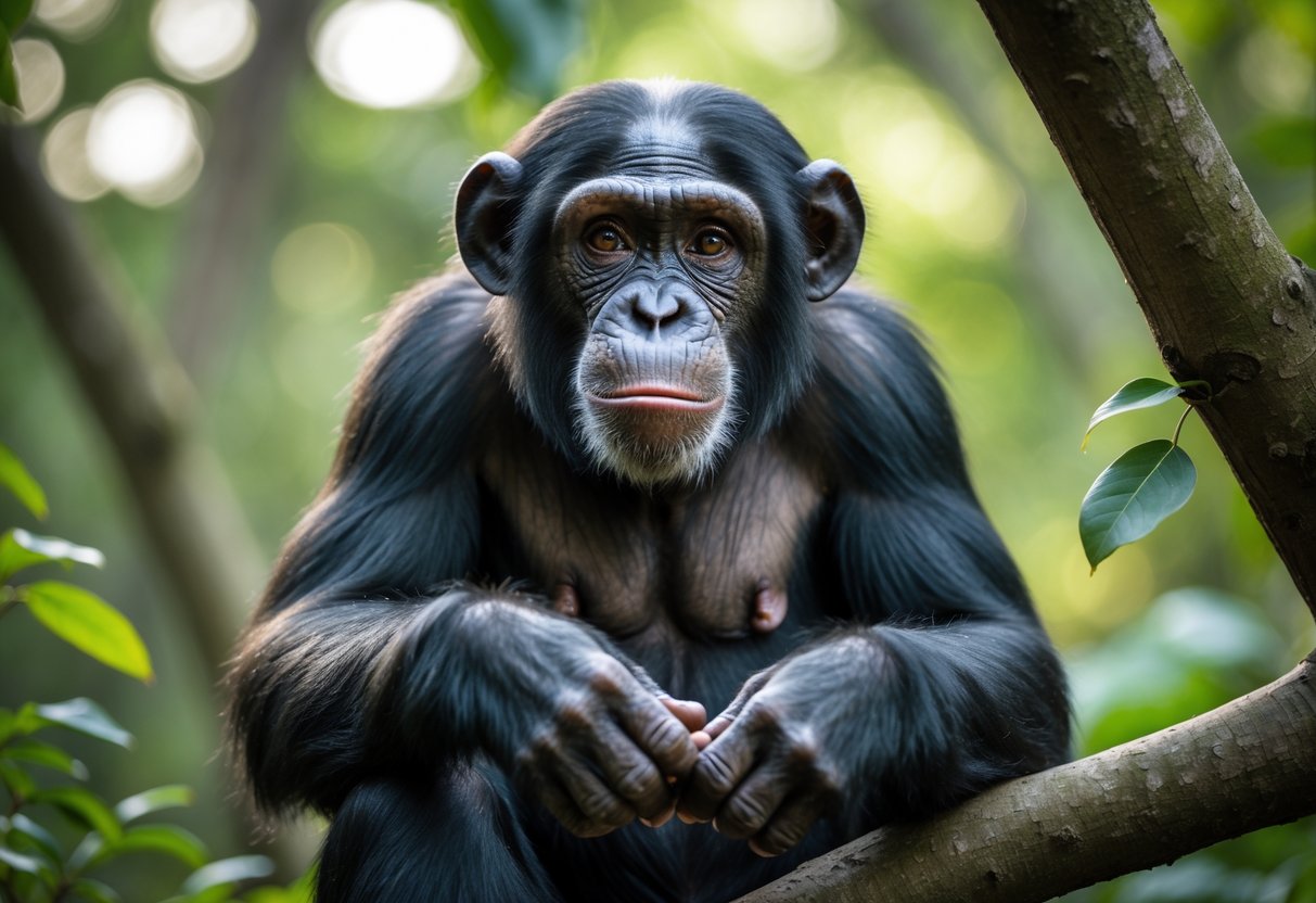 A chimpanzee sitting in a forest looking thoughtfully at the camera.