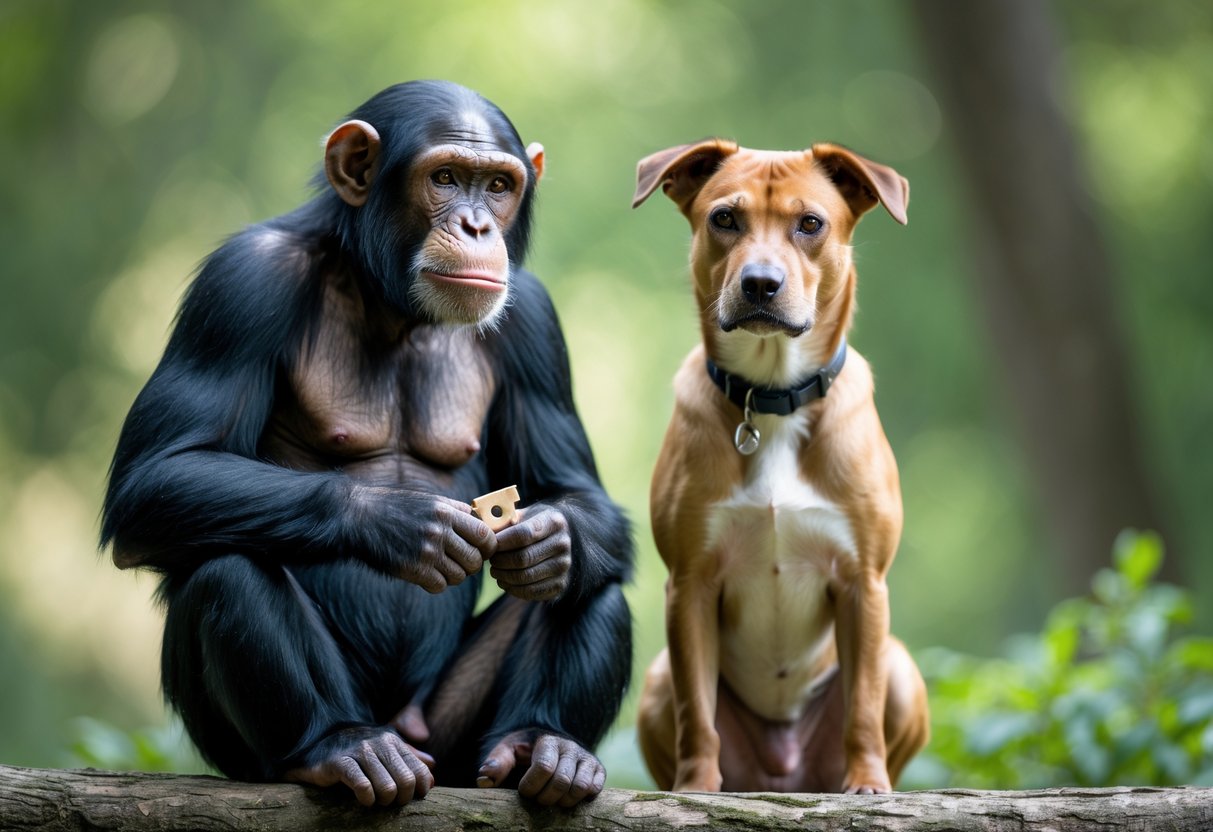 A chimpanzee and a dog sitting side by side outdoors, both looking attentive and calm.