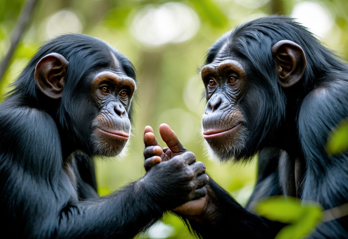 Two chimpanzees gently reaching out to each other in a forest setting.