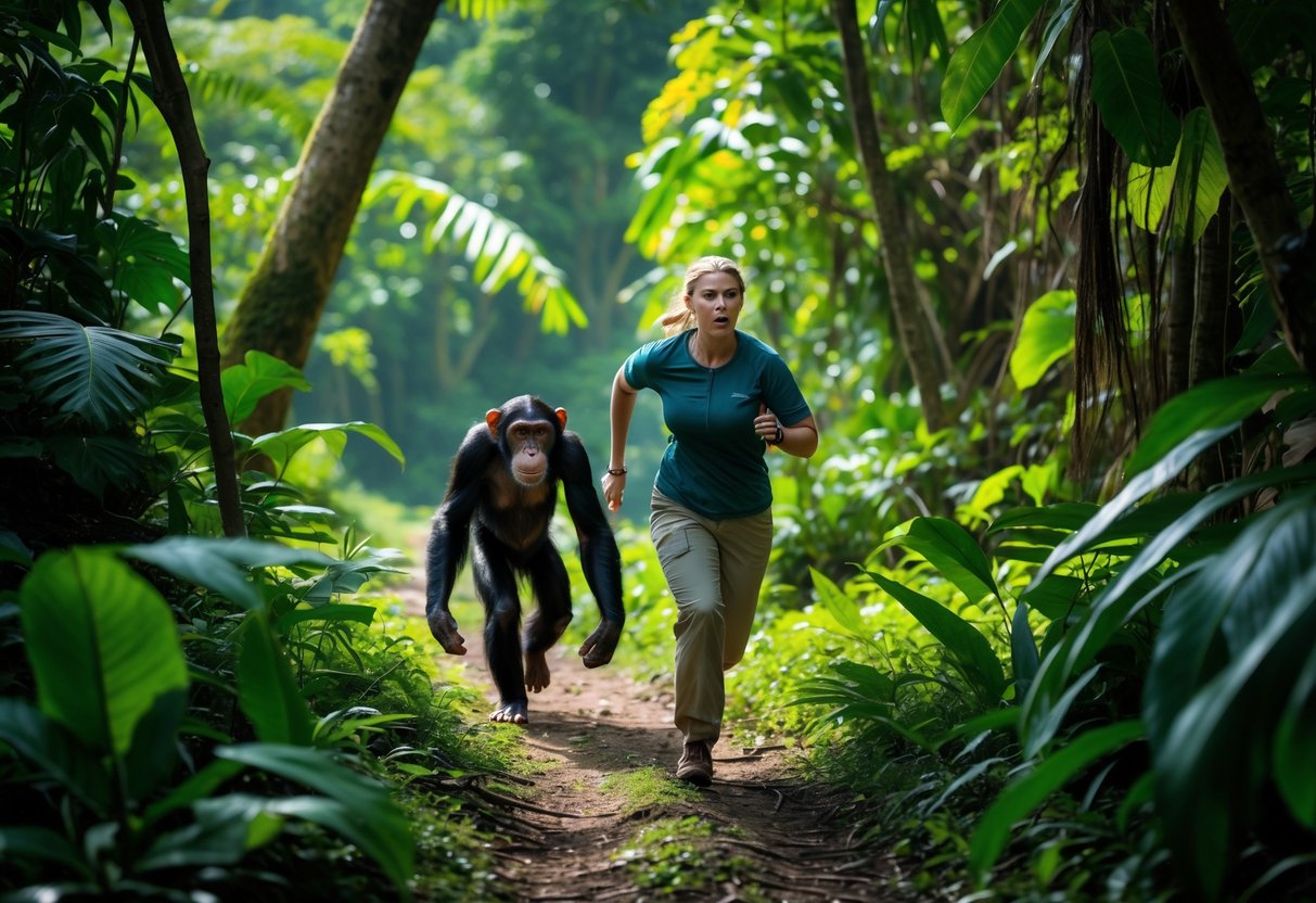 A person running away from a chimpanzee chasing them through a dense jungle path.