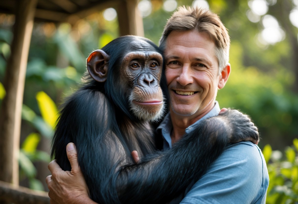 A chimpanzee being gently hugged by a smiling adult in a green outdoor environment.