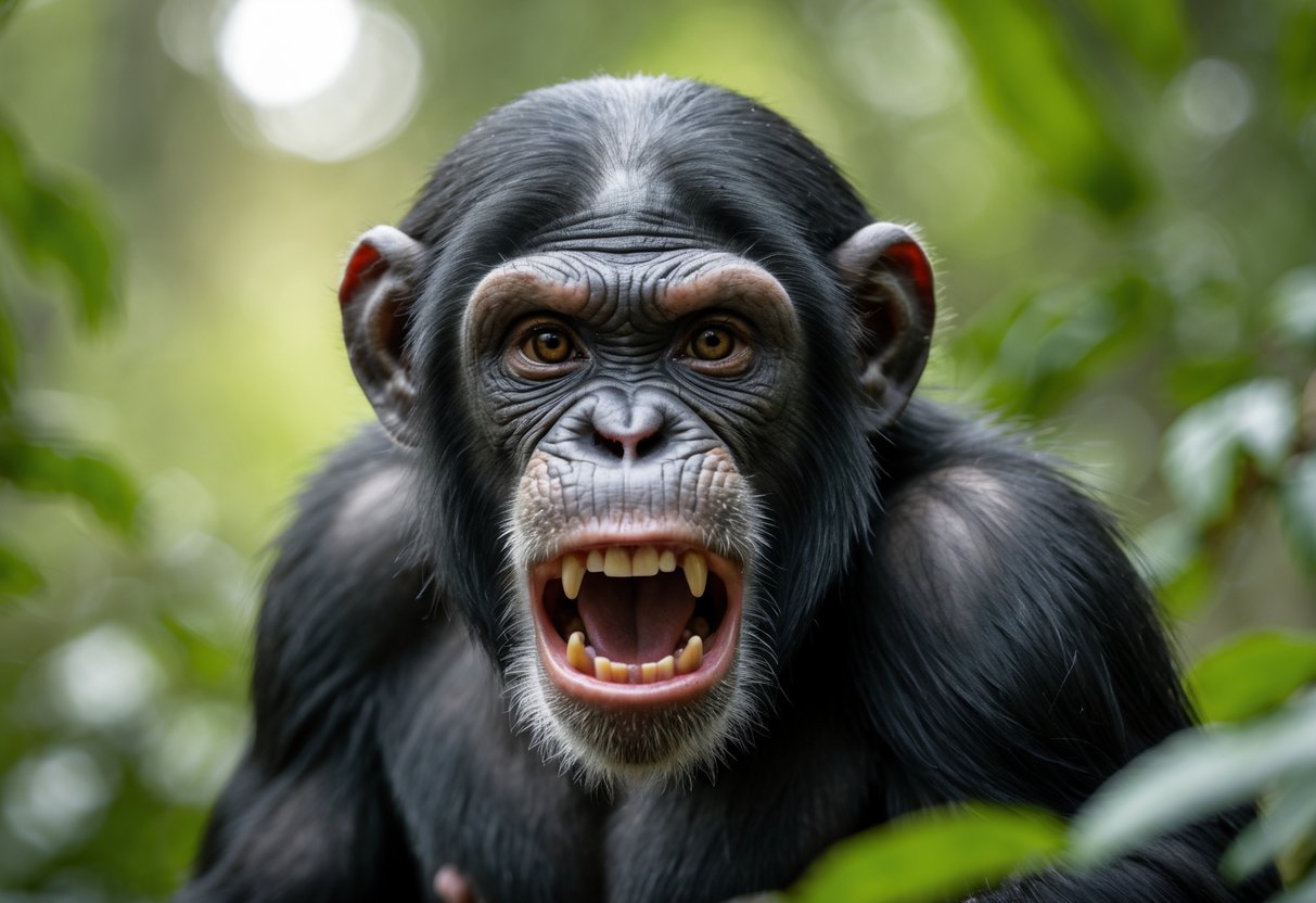 A close-up of an angry chimpanzee showing an intense facial expression in a forest setting.