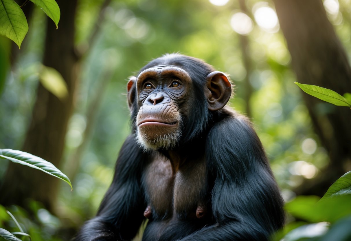 A chimpanzee sitting in a forest looking thoughtfully upwards.