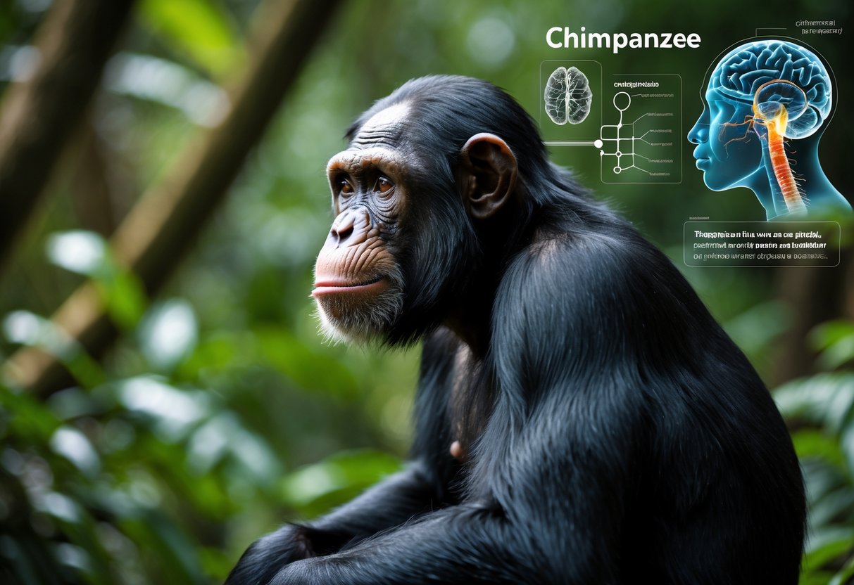 A close-up of a chimpanzee sitting in a jungle with faint illustrations of brain networks and vocal anatomy in the background.