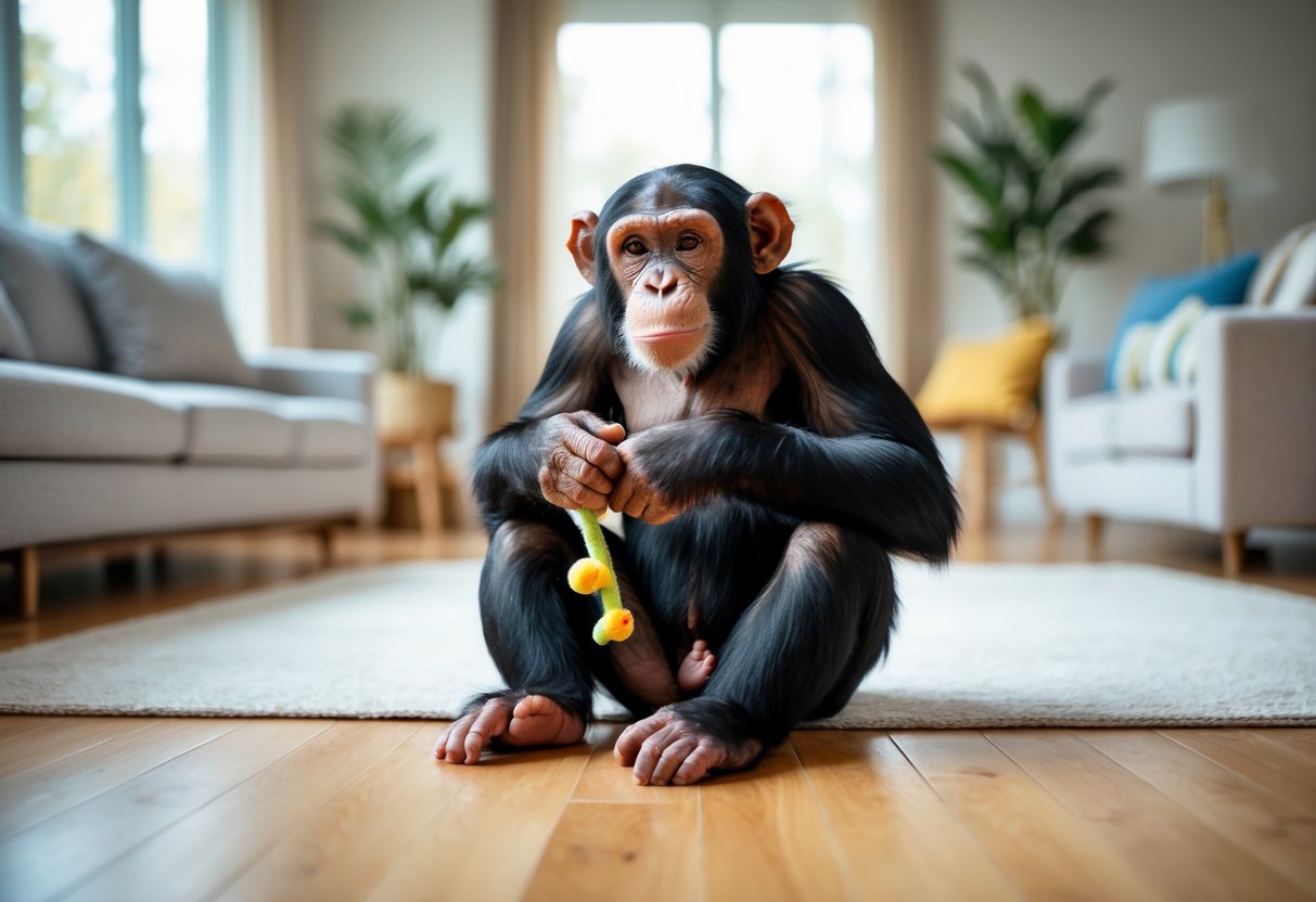 A chimpanzee sitting on a wooden floor in a living room holding a small toy and looking towards the camera.