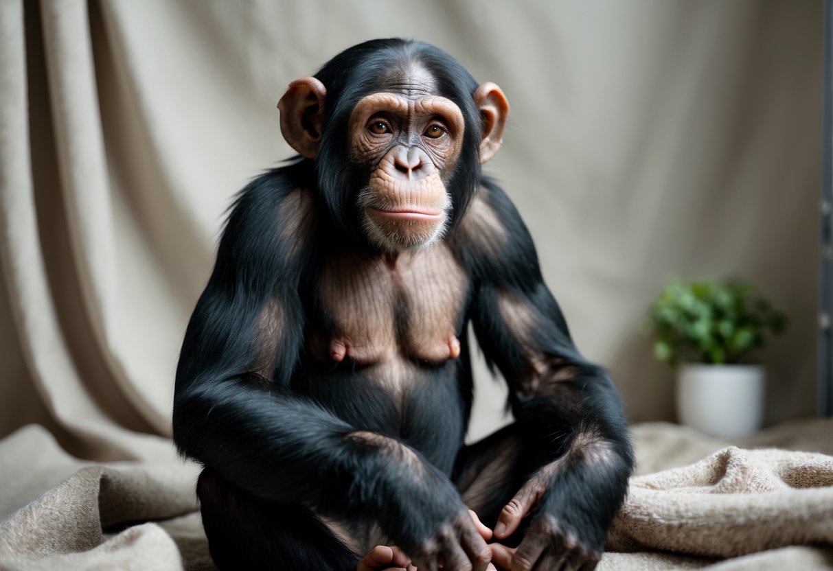 A calm chimpanzee sitting quietly on a neutral background with subtle domestic elements nearby.
