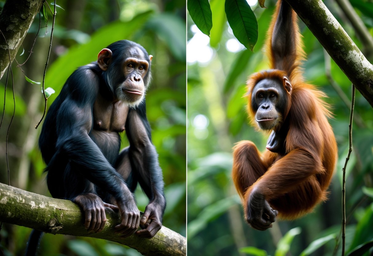 A chimpanzee sitting tensely on a tree branch and an orangutan hanging calmly from another branch in a dense rainforest.