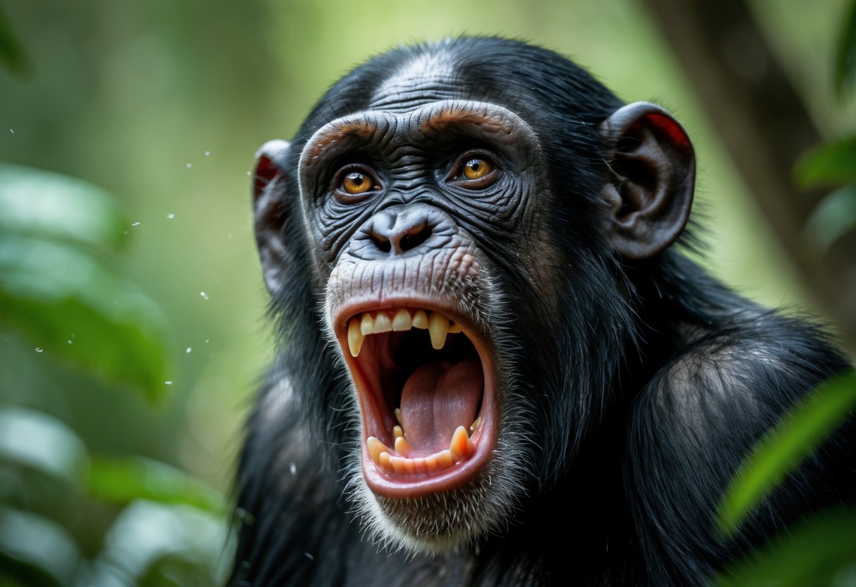 A chimpanzee screaming with its mouth open in a forest setting.
