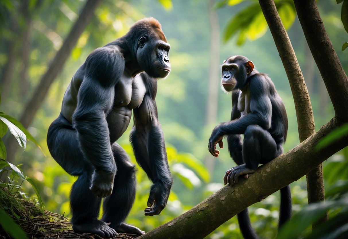 A gorilla and a chimpanzee facing each other in a jungle with green foliage.