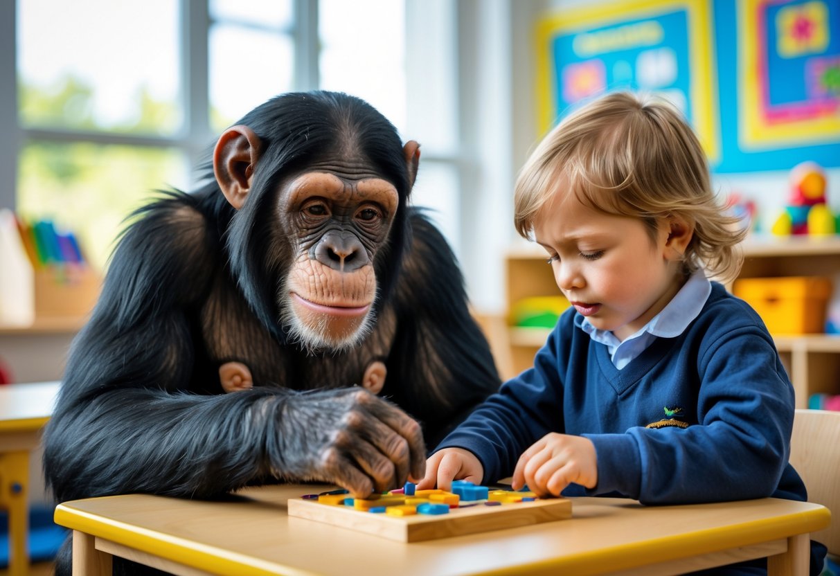 A chimpanzee and a five-year-old child sitting together at a table, playing with a puzzle in a bright classroom.