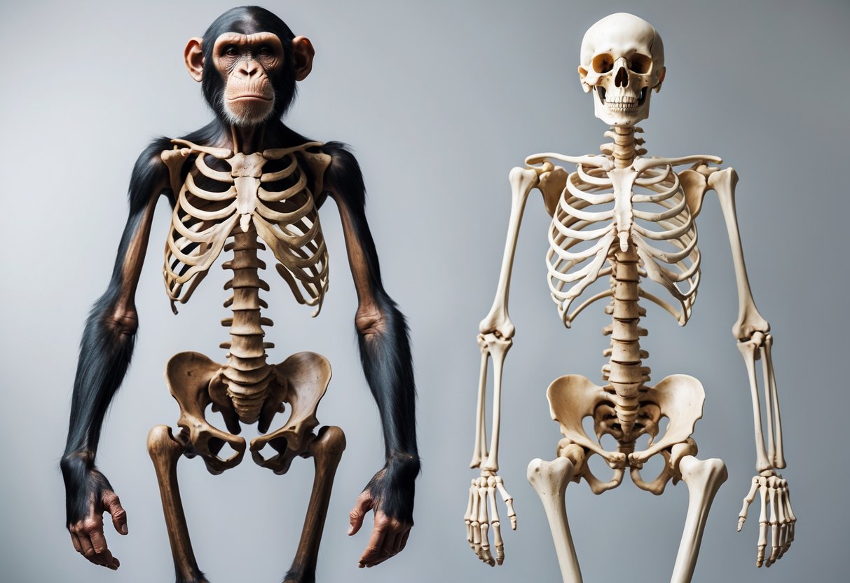 Side-by-side comparison of chimpanzee and human skeletons highlighting differences in pelvis, spine, and leg bones.